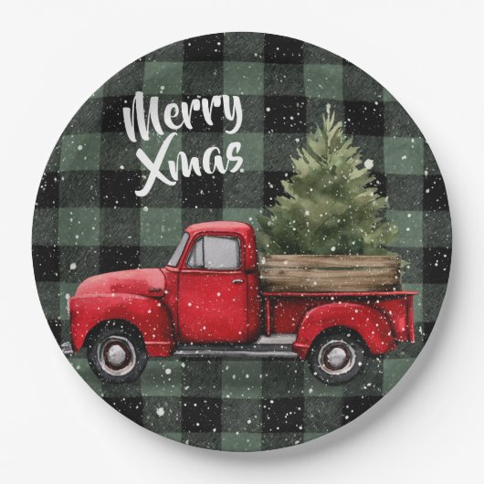 Festive Red Truck with Christmas Tree Paper Plates ペーパープレート (正面)