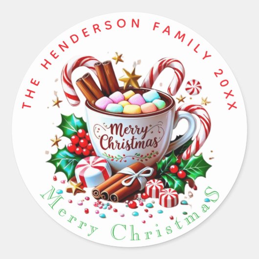 Festive Red Watercolor Hot Cocoa Christmas Holiday ラウンドシール (正面)