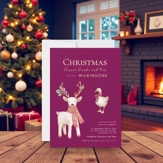 Festive  reindeer goose Watercolor  Holiday Party 招待状