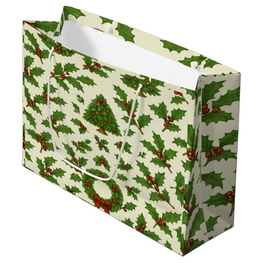 Festive Repeating Christmas Pattern Holly & Wreath ラージペーパーバッグ (正面アングル)