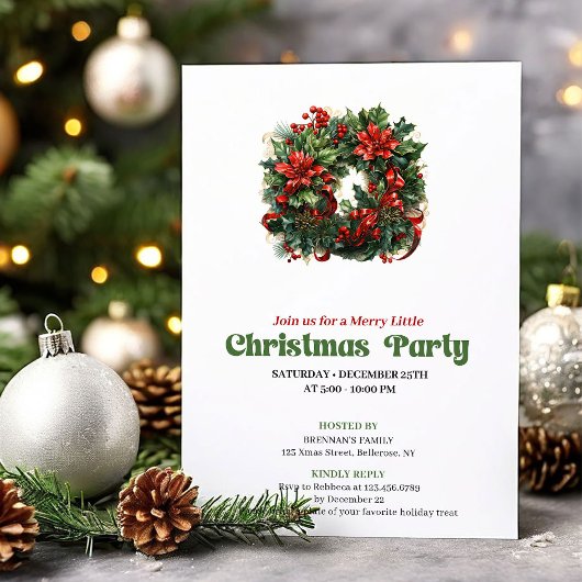 Festive Retro Christmas Wreath Party Invitation 招待状