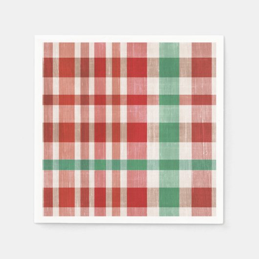 Festive Retro Red Green Textured Plaid  スタンダードカクテルナプキン (正面)