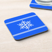 Festive Royal Blue White Racing Stripes Snowflake コースター (左側)