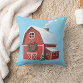 Festive Rustic Farmhouse Snowy Red Barn Christmas クッション (ブランケット)