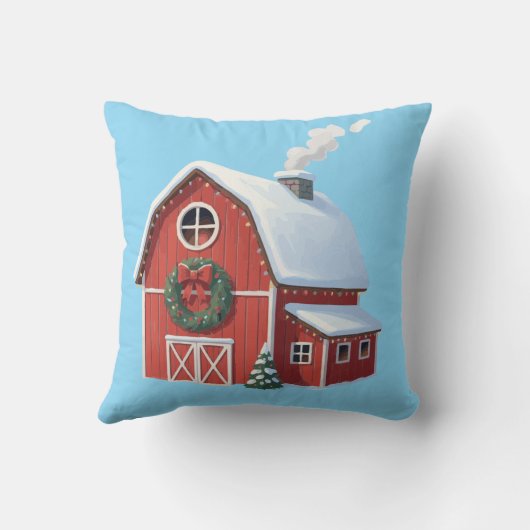 Festive Rustic Farmhouse Snowy Red Barn Christmas クッション (裏面)