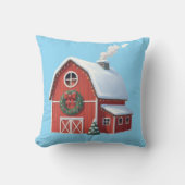 Festive Rustic Farmhouse Snowy Red Barn Christmas クッション (正面)