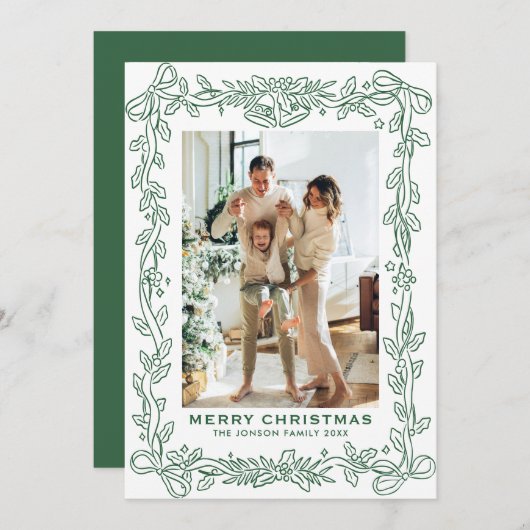 Festive Sage Green Christmas Bow Ribbon 2 Photo Ho シーズンカード (正面/裏面)