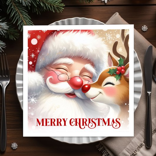 Festive Santa and Rudolph Christmas Napkins Dinner スタンダードカクテルナプキン