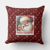 Festive Santa and Rudolph Christmas Throw Pillow  クッション (正面)
