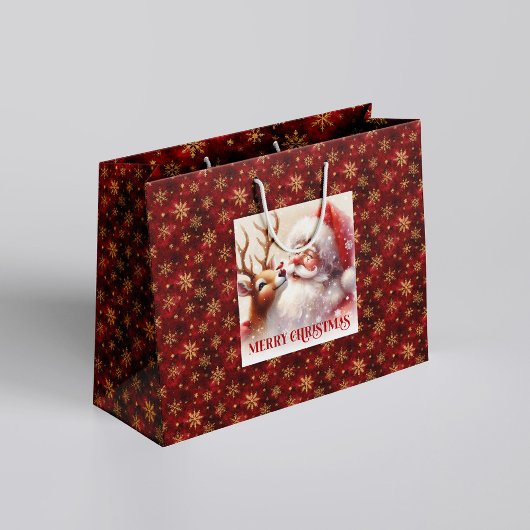 Festive Santa and Rudolph Kids Christmas Gift Bag ラージペーパーバッグ