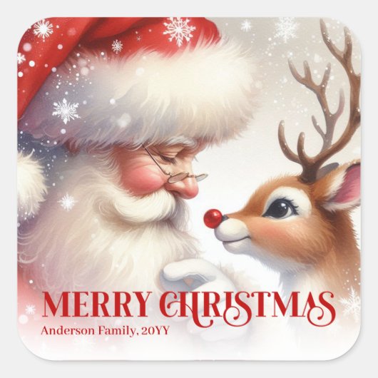Festive Santa Claus Rudolph Personalized Kids Gift スクエアシール (正面)
