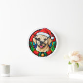 Festive Santa Hat Dog Cartoon ラウンド壁時計 (ホーム)