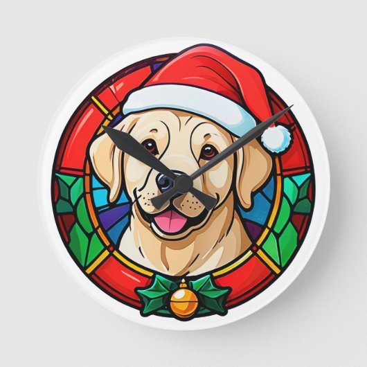 Festive Santa Hat Dog Cartoon ラウンド壁時計 (正面)