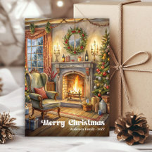 Festive scene greeting card red green traditional
