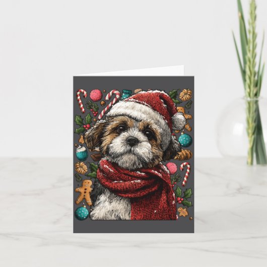 Festive Shih Tzu With Santa Hat Snowy Winter Chris カード (正面)