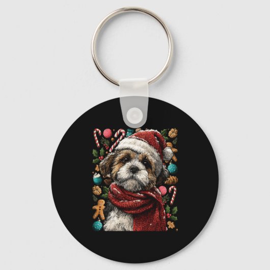 Festive Shih Tzu With Santa Hat Snowy Winter Chris キーホルダー (正面)