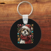 Festive Shih Tzu With Santa Hat Snowy Winter Chris キーホルダー (正面)