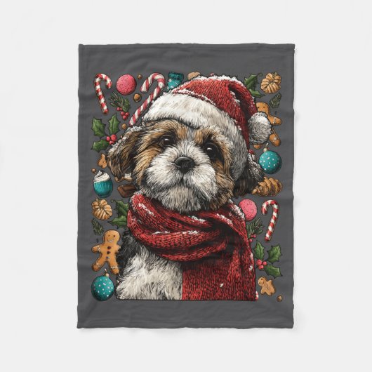 Festive Shih Tzu With Santa Hat Snowy Winter Chris フリースブランケット (正面)