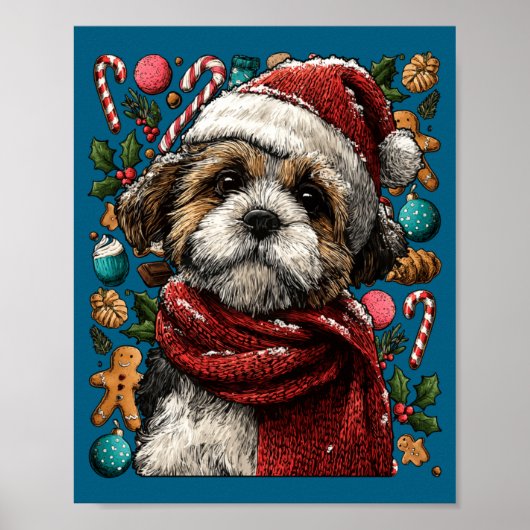 Festive Shih Tzu With Santa Hat Snowy Winter Chris ポスター (正面)