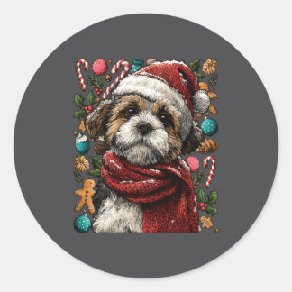 Festive Shih Tzu With Santa Hat Snowy Winter Chris ラウンドシール