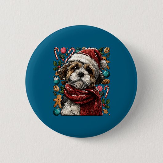 Festive Shih Tzu With Santa Hat Snowy Winter Chris 缶バッジ (正面)