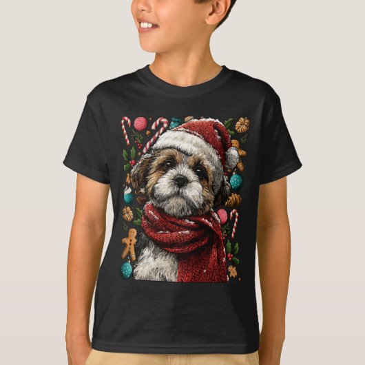 Festive Shih Tzu With Santa Hat Snowy Winter Chris Tシャツ (正面)