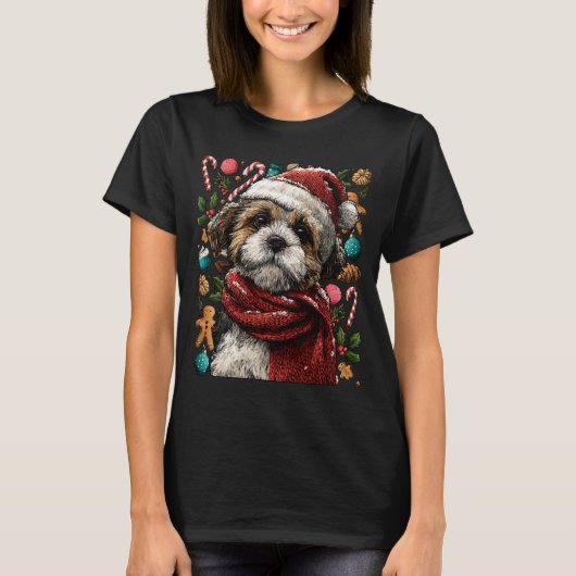 Festive Shih Tzu With Santa Hat Snowy Winter Chris Tシャツ (正面)