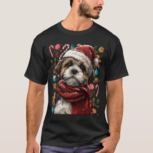 Festive Shih Tzu With Santa Hat Snowy Winter Chris Tシャツ (正面)