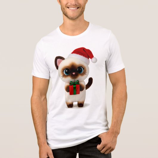 Festive Siamese Cat with Santa Hat and Gift Box トライブレンドＴシャツ (正面)
