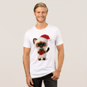 Festive Siamese Cat with Santa Hat and Gift Box トライブレンドＴシャツ (正面全面)