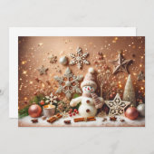 Festive Snowman with Glittery Christmas Stars 招待状 (正面/裏面)