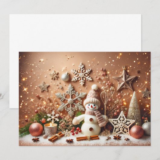 Festive Snowman with Glittery Christmas Stars 招待状 (正面/裏面)