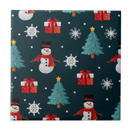 Festive Snowmen Christmas Trees and Gifts Pattern タイル