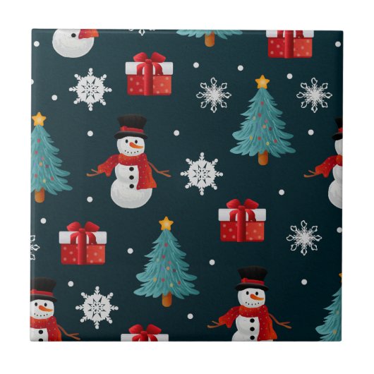 Festive Snowmen Christmas Trees and Gifts Pattern タイル (正面)
