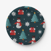 Festive Snowmen Christmas Trees Holiday Gift Round ペーパープレート (正面)