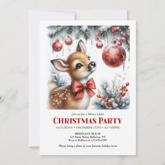 Festive snowy forest baby deer Christmas invite  招待状 (正面)
