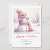Festive snowy pink snowman kids greeting card edit シーズンカード (正面)