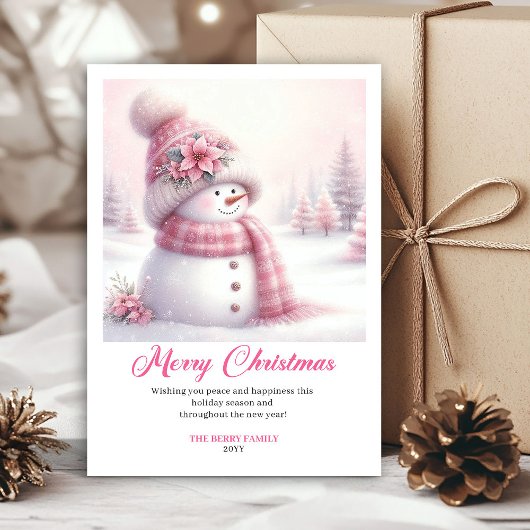 Festive snowy pink snowman kids greeting card edit シーズンカード