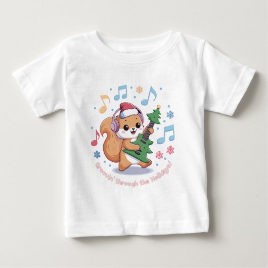 Festive Squirrel Playing Guitar Surrounded by Snow ベビーTシャツ (正面)