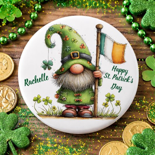 Festive St. Patrick’s Day Gnome With Irish Flag  缶バッジ