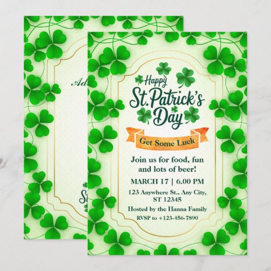 Festive St. Patrick's Day Party I Shamrock Border 招待状 (正面/裏面)