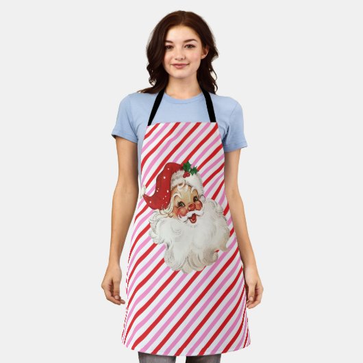 Festive Stripe Red Pink From Santa Gift エプロン (着用した状態)