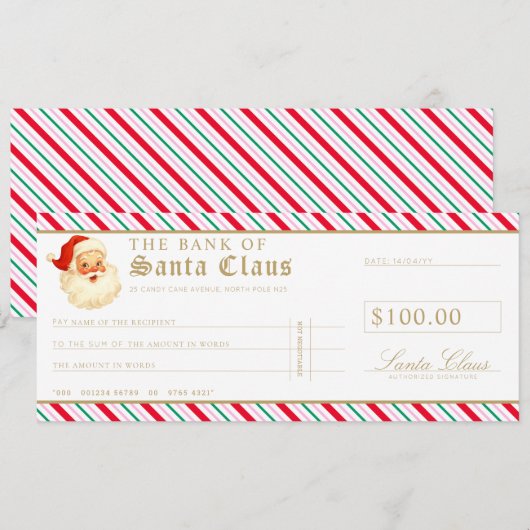 Festive Stripe Santa Cheque Gift Voucher Card 招待状 (正面/裏面)