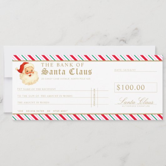 Festive Stripe Santa Cheque Gift Voucher Card 招待状 (正面)
