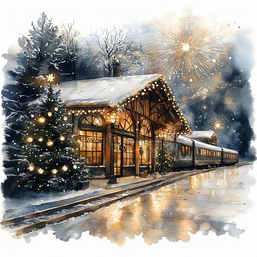 Festive Train Station with Fireworks and New Year シーズンカード