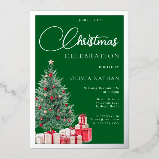 Festive Tree Christmas Party Green & Silver 箔招待状 (正面)