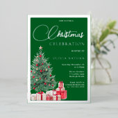 Festive Tree Christmas Party Green & Silver 箔招待状 (立ち正面)