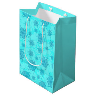 Festive Tropics Floral Monochrome Gift Bag in Teal ミディアムペーパーバッグ