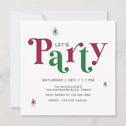 Festive Typography Let's Party Fun Holiday 招待状 (正面)