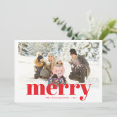 Festive Typography Red Merry Christmas 2 Photo シーズンカード (スタンド正面)